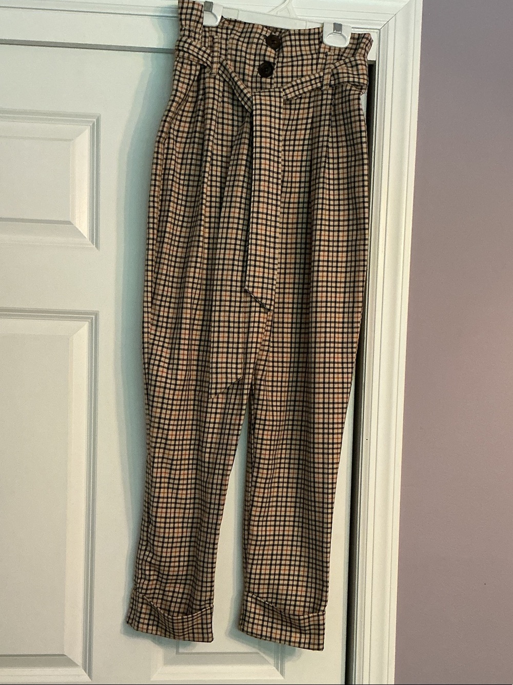 Bershka High-Waist Paperbag Checked Trousers - Tan & Black